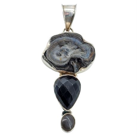 Large Sterling Silver Druzy, Black Onyx, & Moonstone Pendant