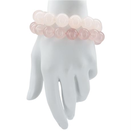 Vtg Chunky Rose Quartz 16mm & 14mm Bead Stretch Bracelets