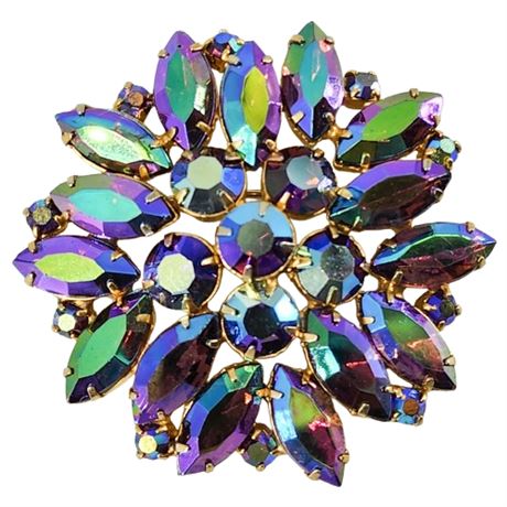 Unsigned Vintage Juliana D&E Peacock Aurora Borealis Rhinestone Brooch