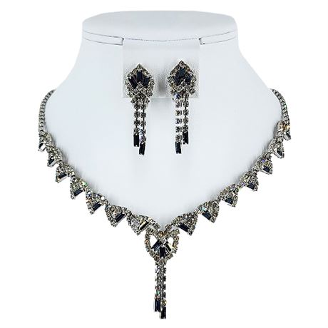 Vintage Elegant Prong Set Rhinestone & Baguette Necklace & Clip Earrings Set