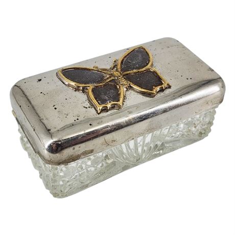 Vintage Pressed Glass Trinket Box w/ Butterfly Lid