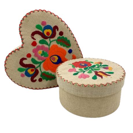 Hungarian Embroidered Floral Trinket Boxes