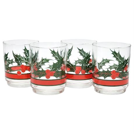 Vintage Libbey "Holly & Berries" Old Fashioned/Double Rocks Glasses