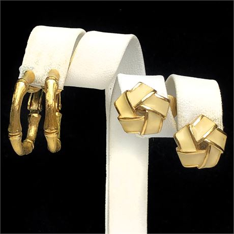 Vintage Trifari Enamel Pinwheel & Gold Tone Bamboo Earrings