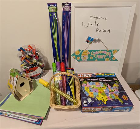 Lot Kids Crafts Puzzles, Markers, Glow Necklaces, Magnetic Board, etc.