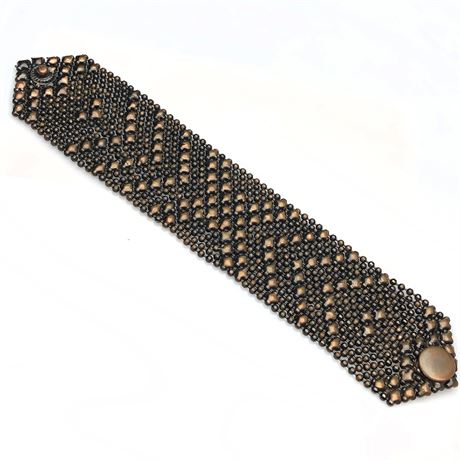 Vintage Wide Bronze Copper Liquid Metal Mesh Woven Beaded Bracelet