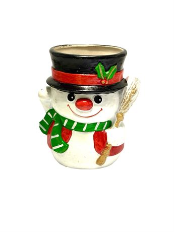 Vtg Handpainted Frosty Snowman Ceramic Planter