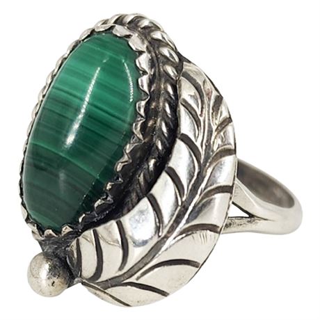 Vintage Native American Sterling Silver Malachite Ring, Sz 6.5