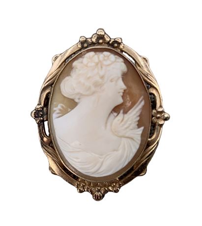 Ethereal 10k Gold Beauty & Dove Carved Shell Cameo Brooch