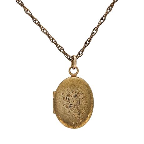 Vintage Etched Floral Mini Locket Pendant Necklace on Gold Filled Chain