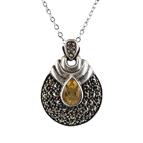 Signed Sterling Silver Citrine Marcasite Pendant Necklace