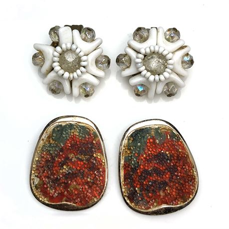 Vintage W Germany White Milk Glass & Multi-Color Sugar Crystal Earrings