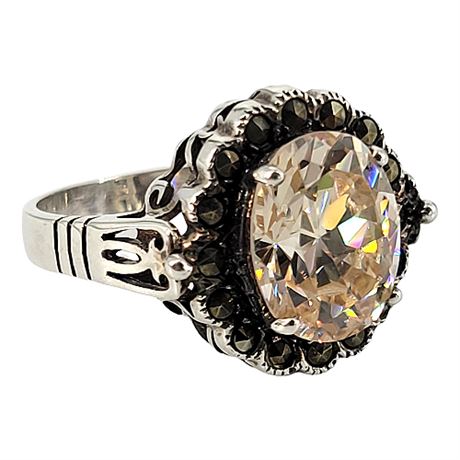 Sterling Silver Champagne CZ & Marcasite Ring, Sz 10.5
