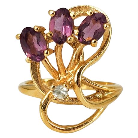 Vintage 18KT HGE Faux Amethyst & Rhinestone Ring, Sz 6.25