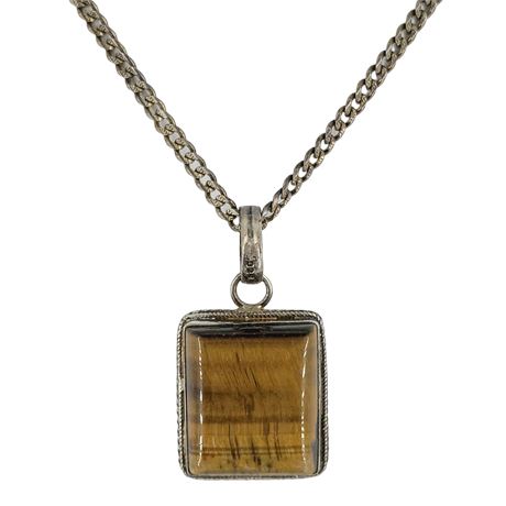 Sterling Silver Tiger’s Eye Pendant Necklace — Square Bezel Set, .925 Chain