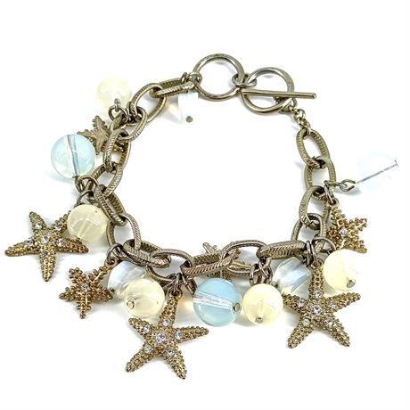 Coastal Starfish Charm Bracelet – Rhinestones & Opalescent Beads – Toggle Clasp