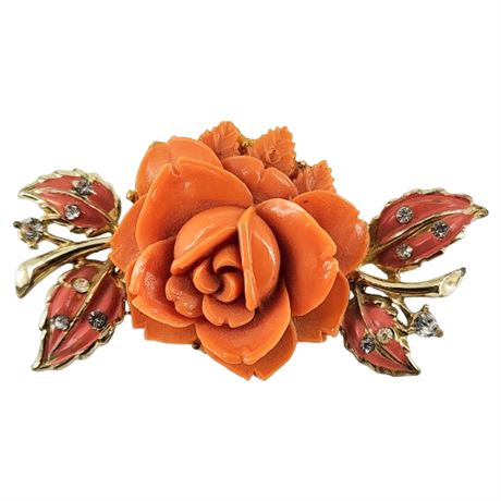 Vintage CORO Molded Plastic & Rhinestone Rose Brooch