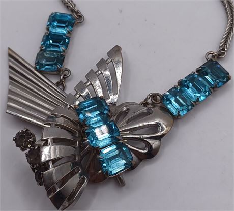 Vintage silver tone abstract necklace with light blue rhinestones 15 in