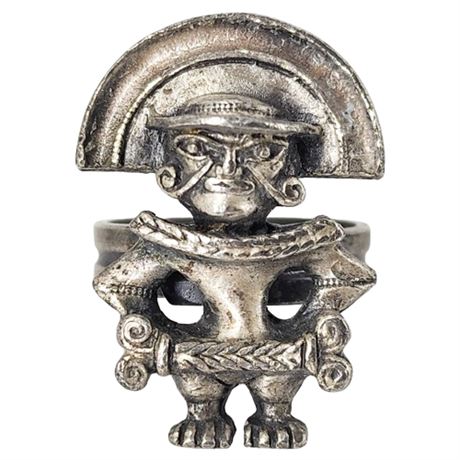 Signed Vintage 70s Pre-Columbian Shaman Ring, 6.5