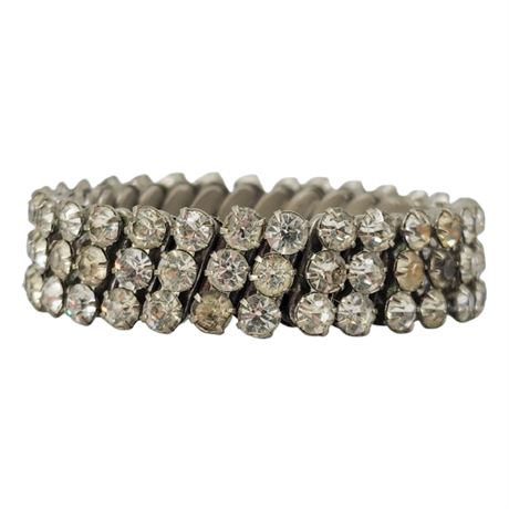 Vintage JAPAN 3-Row Prong Set Rhinestone Stretch Bracelet