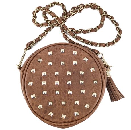 Urban Expressions Studded Round Crossbody Bag – Brown Faux Leather with Tassel