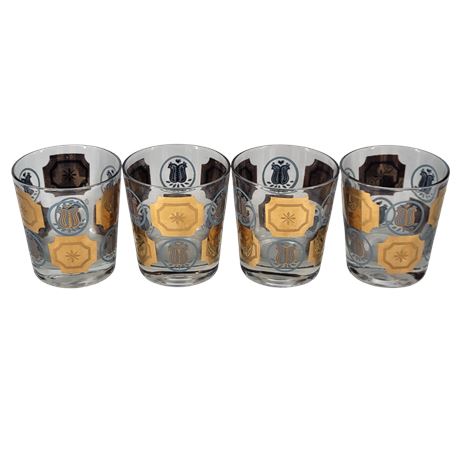 Mid-Century Modern Gay Fad Gold & Blue Whiskey Glass Tumblers - Set of 4