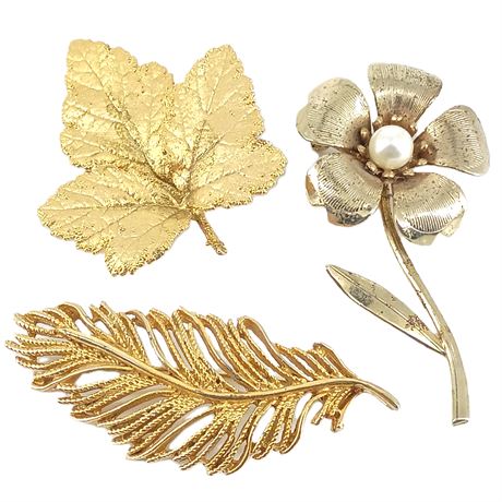 BSK Leaf, Gold-Tone Leaf and Flower, Lot of 3 Brooches