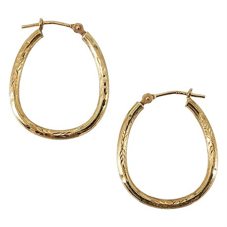 Vintage Signed Jacmel 14K Gold Flash Cut Almond Hoop Earrings
