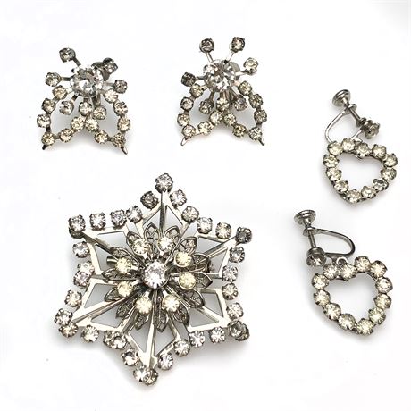 Vintage Clear Prong Set Rivet Back Rhinestone Brooch & Earrings