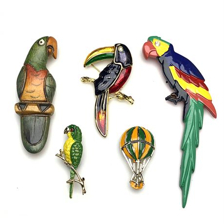 Vintage Enamel Parrot Themed Brooch Lot
