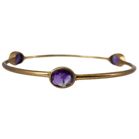 Vintage Genuine Amethyst Brass Bangle Bracelet