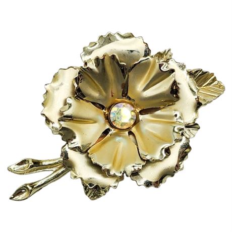 Vintage Large Gold Tone Flower Brooch w/ Aurora Borealis Rhinestone Center