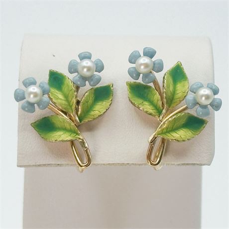 Vintage Krementz Gold-Tone, Cultured Pearl & Enamel Earrings