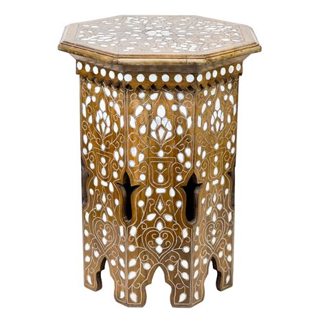 Vintage Moroccan Octagonal Wood & Inlaid Mother-of-Pearl Accent Table
