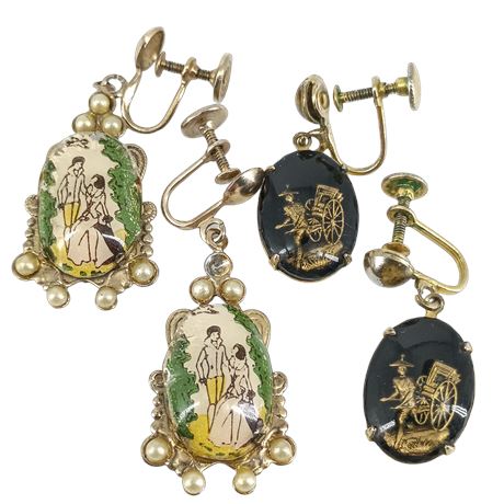 Vintage Screw Back Earrings Lot – Hand Painted Romantic Scene & Asian Motif