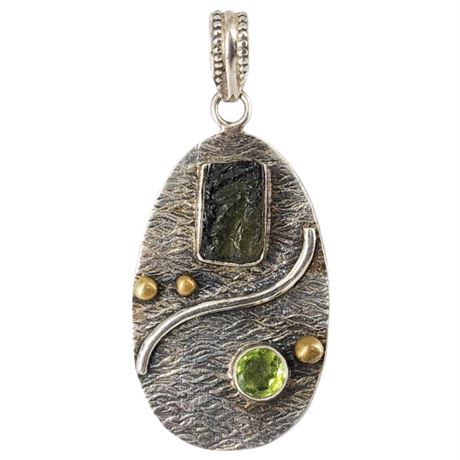 Artisan Made Sterling Silver Peridot & Art Glass Pendant