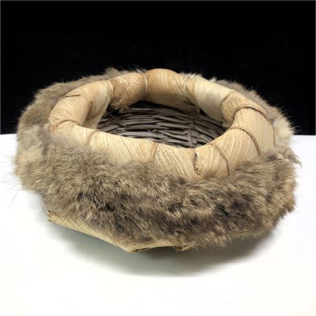 Vintage Handmade Native Palm Leaf Fur Trimmed Basket
