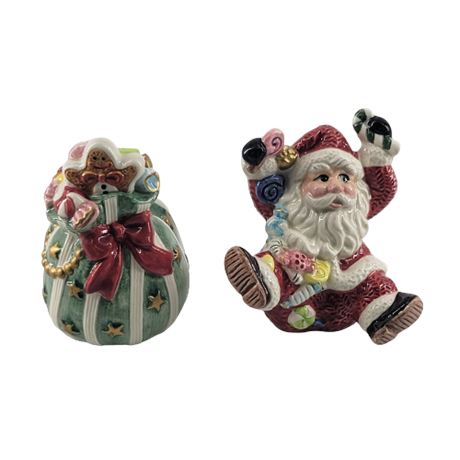 Fitz & Floyd Sugar Plum Christmas Santa/Toy Bag Salt/Pepper