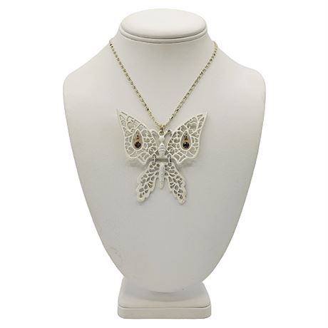 Vintage Large White Articulated Butterfly Necklace w/ Rhinestones