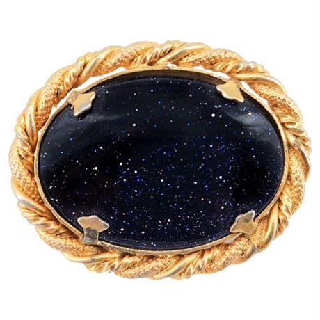 Vintage Genuine Blue Goldstone Gemstone Cabochon Brooch
