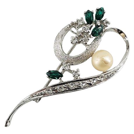 Vintage Rhinestone & Faux Pearl Scroll Brooch