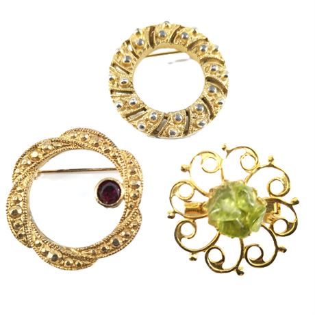 Vintage Gold Tone Brooch Lot Circle Wreath Garnet Glass Rhinestone Openwork Pins