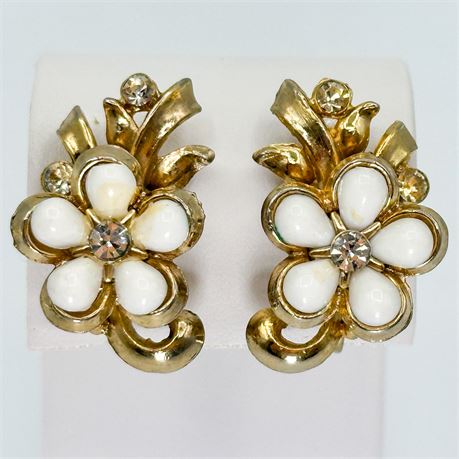 Vintage Coro Milk-Glass and Crystal Screw Back Earrings