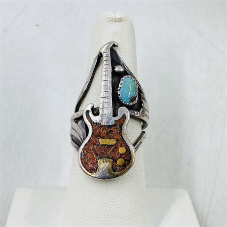 Awesome 9g Navajo Signed Sterling Guitar Ring Size 7
