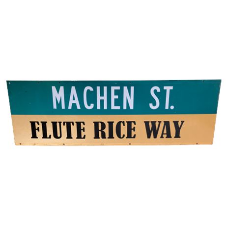 Double Sided Green & Yellow Machen St. Flute Rice Way Metal Sign