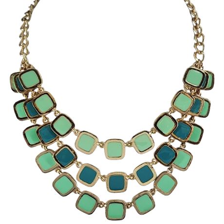 Modern 3-Strand Gold Tone & Aqua Enamel Statement Necklace