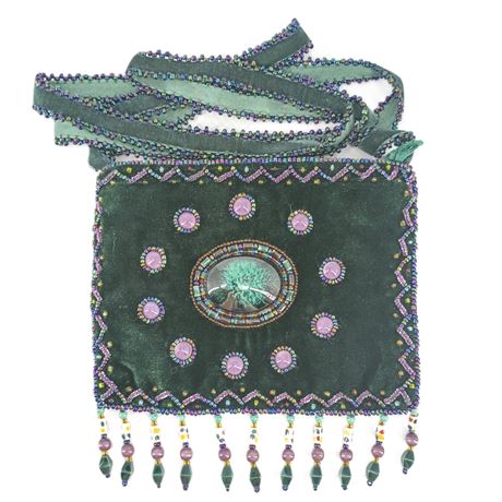 Vintage Beaded Velvet Crossbody Evening Bag with Cabochon & Fringe