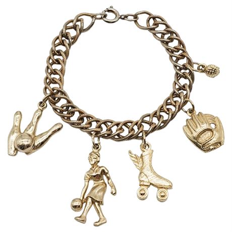 Vintage Pale Gold Tone Sports Themed Charm Bracelet