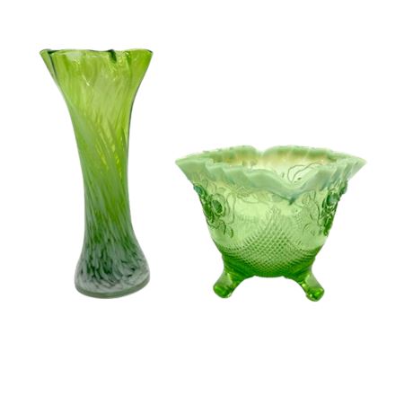 Vintage Jefferson Opalescent bowl and Green Vase