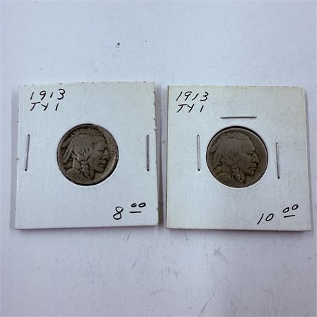 2x 1913 Type 1 Buffalo Nickels